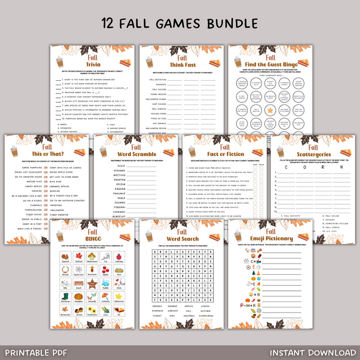 12 Fall Games Bundle Printable, Autumn Family Activity For Adults & Ki ...