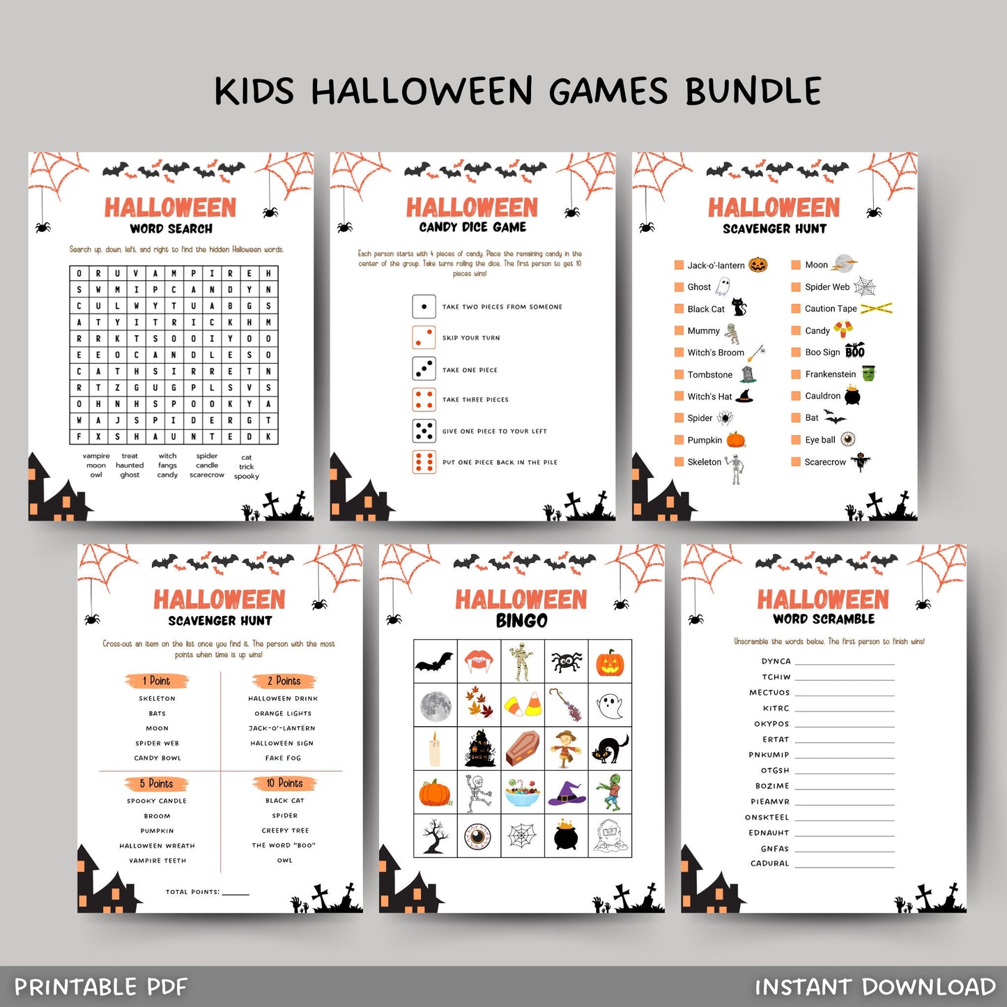 Halloween Games Bundle Kids Printable, Halloween Party Games, Scavenger Hunt, Candy Dice Game, Bingo, Word Search, Word Scramble