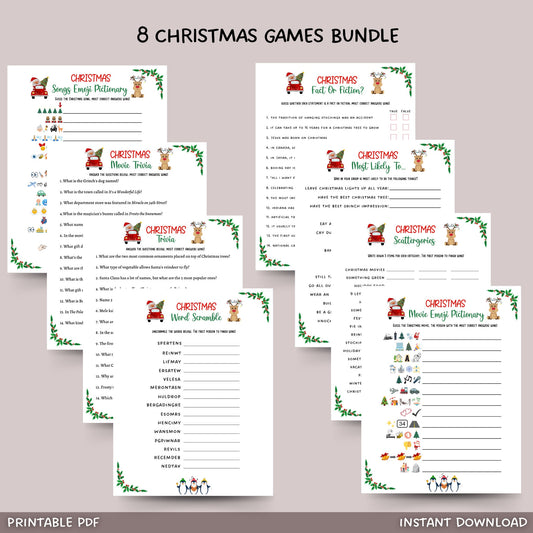 This Christmas pack of 8 games bundle is a printable PDF and an instant digital download! It is perfect for any party/ get together and great to play with your friends and family! It is sure to impress your guests and works great for adults and kids!