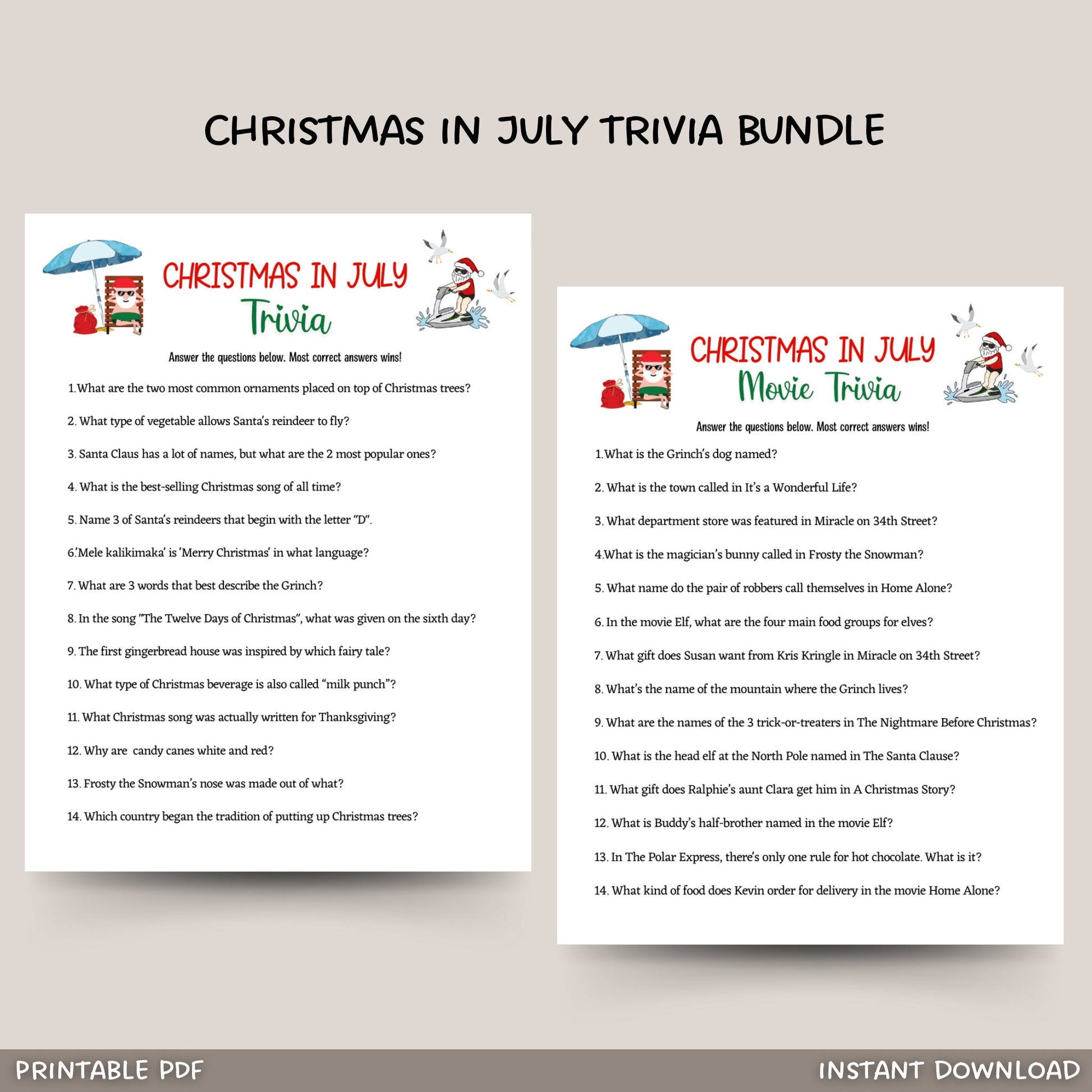Christmas in July Trivia Game Printable, Summer Christmas Party, Tropical Party Game Kids & Adults, Fun Family Activity, Office Party Ideas