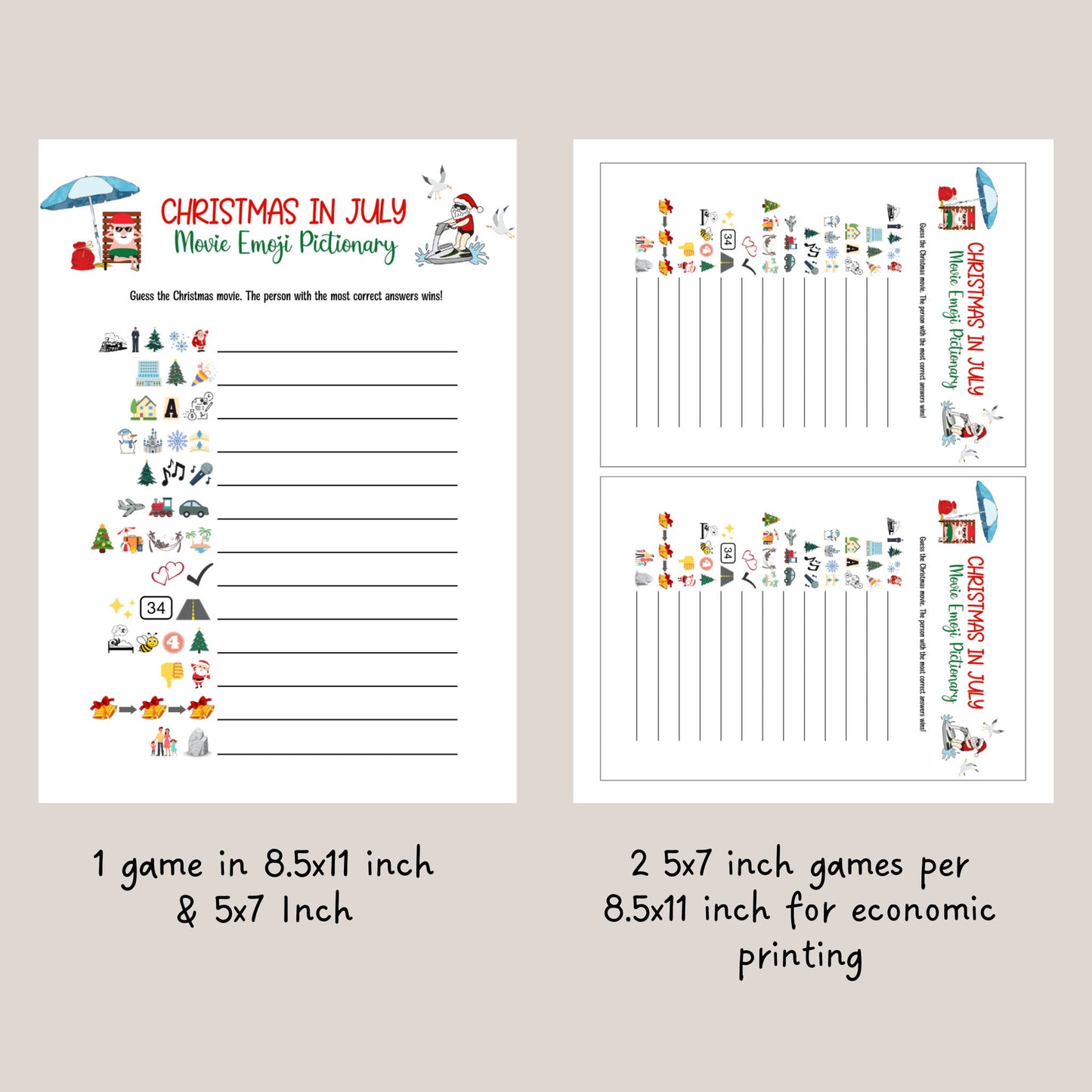 Christmas in July Emoji Pictionary Games Bundle Printable, Summer Christmas Tropical Party, Fun Family Activity Kids & Adults, Office Party