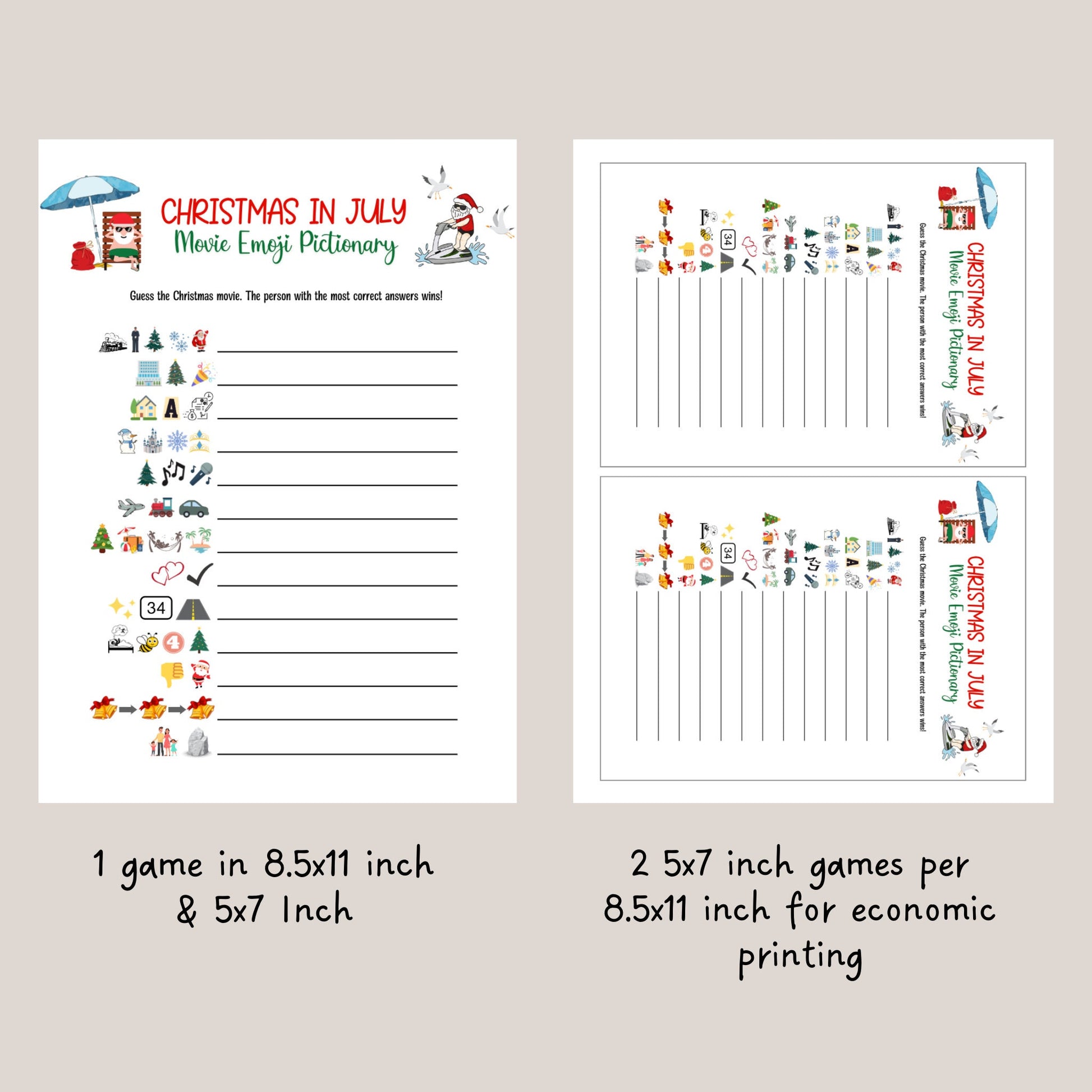 Christmas in July Emoji Pictionary Games Bundle Printable, Summer Christmas Tropical Party, Fun Family Activity Kids & Adults, Office Party