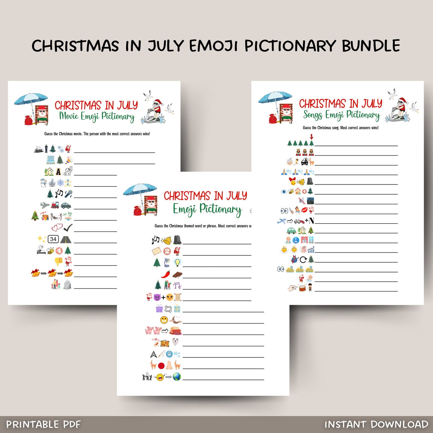 Christmas in July Emoji Pictionary Games Bundle Printable, Summer Christmas Tropical Party, Fun Family Activity Kids & Adults, Office Party