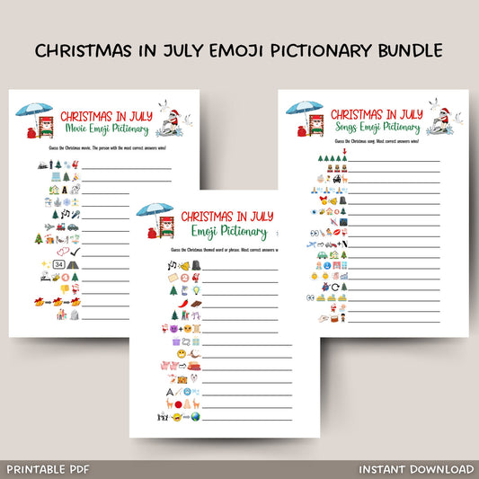 Christmas in July Emoji Pictionary Games Bundle Printable, Summer Christmas Tropical Party, Fun Family Activity Kids & Adults, Office Party