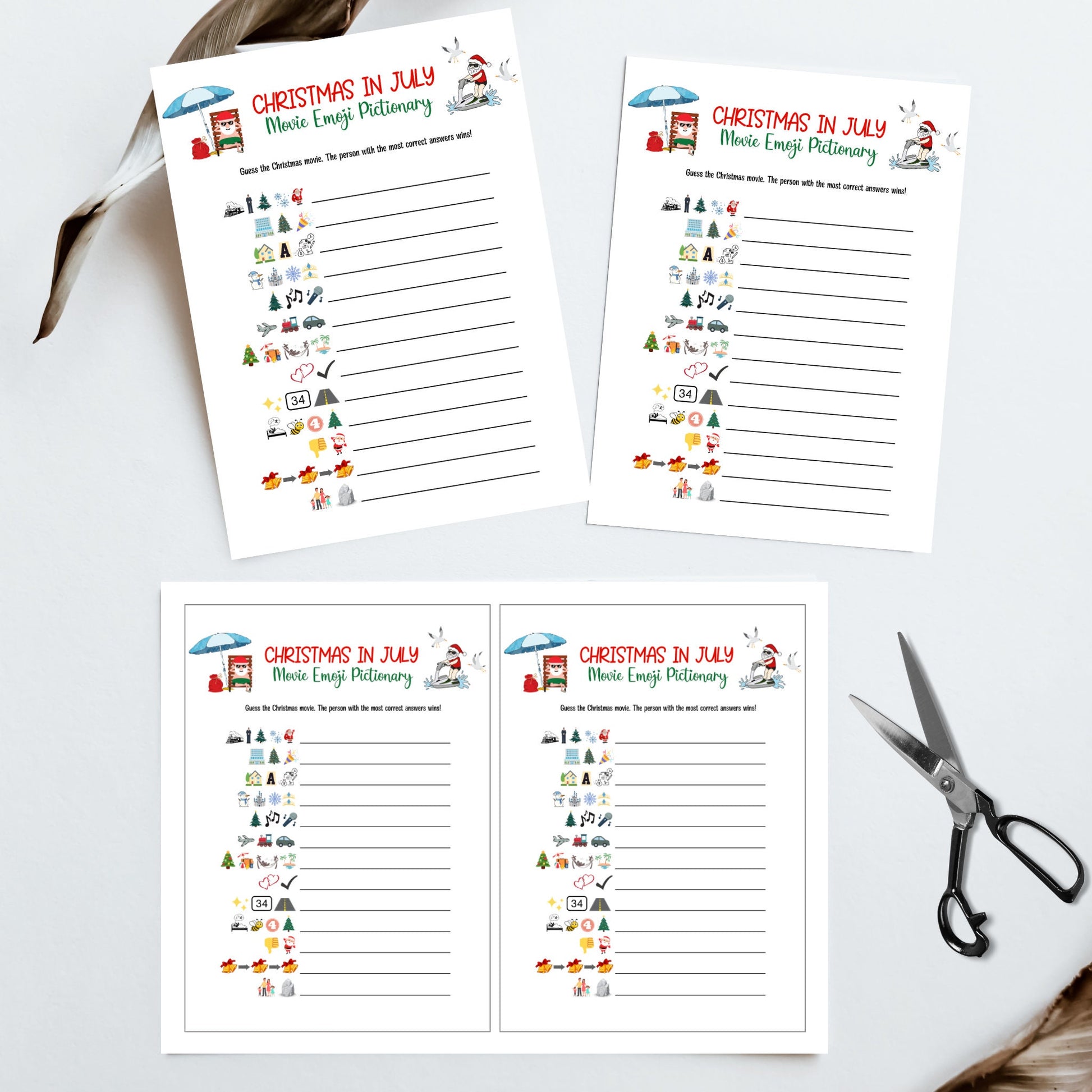 Christmas in July Emoji Pictionary Games Bundle Printable, Summer Christmas Tropical Party, Fun Family Activity Kids & Adults, Office Party