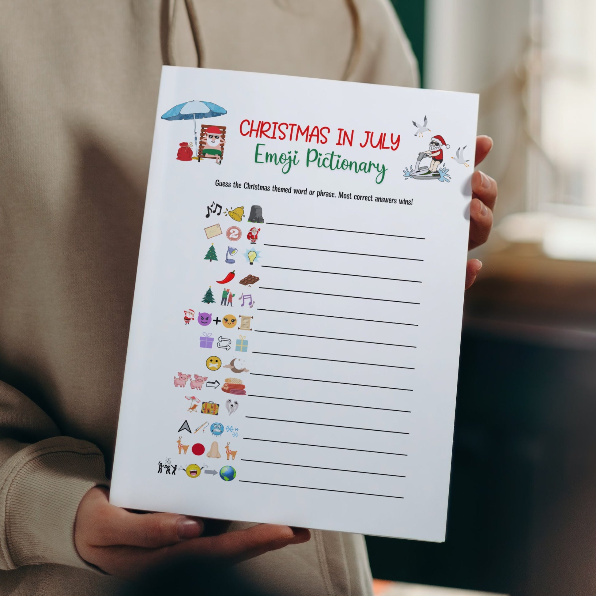 Christmas in July Emoji Pictionary Games Bundle Printable, Summer Christmas Tropical Party, Fun Family Activity Kids & Adults, Office Party