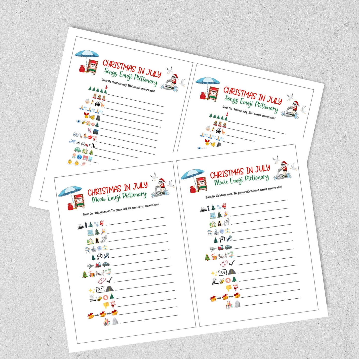 Christmas in July Emoji Pictionary Games Bundle Printable, Summer Christmas Tropical Party, Fun Family Activity Kids & Adults, Office Party