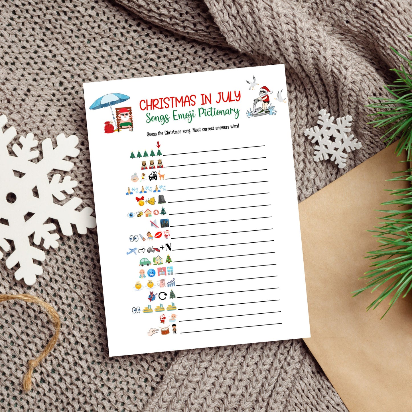 Christmas in July Emoji Pictionary Games Bundle Printable, Summer Christmas Tropical Party, Fun Family Activity Kids & Adults, Office Party