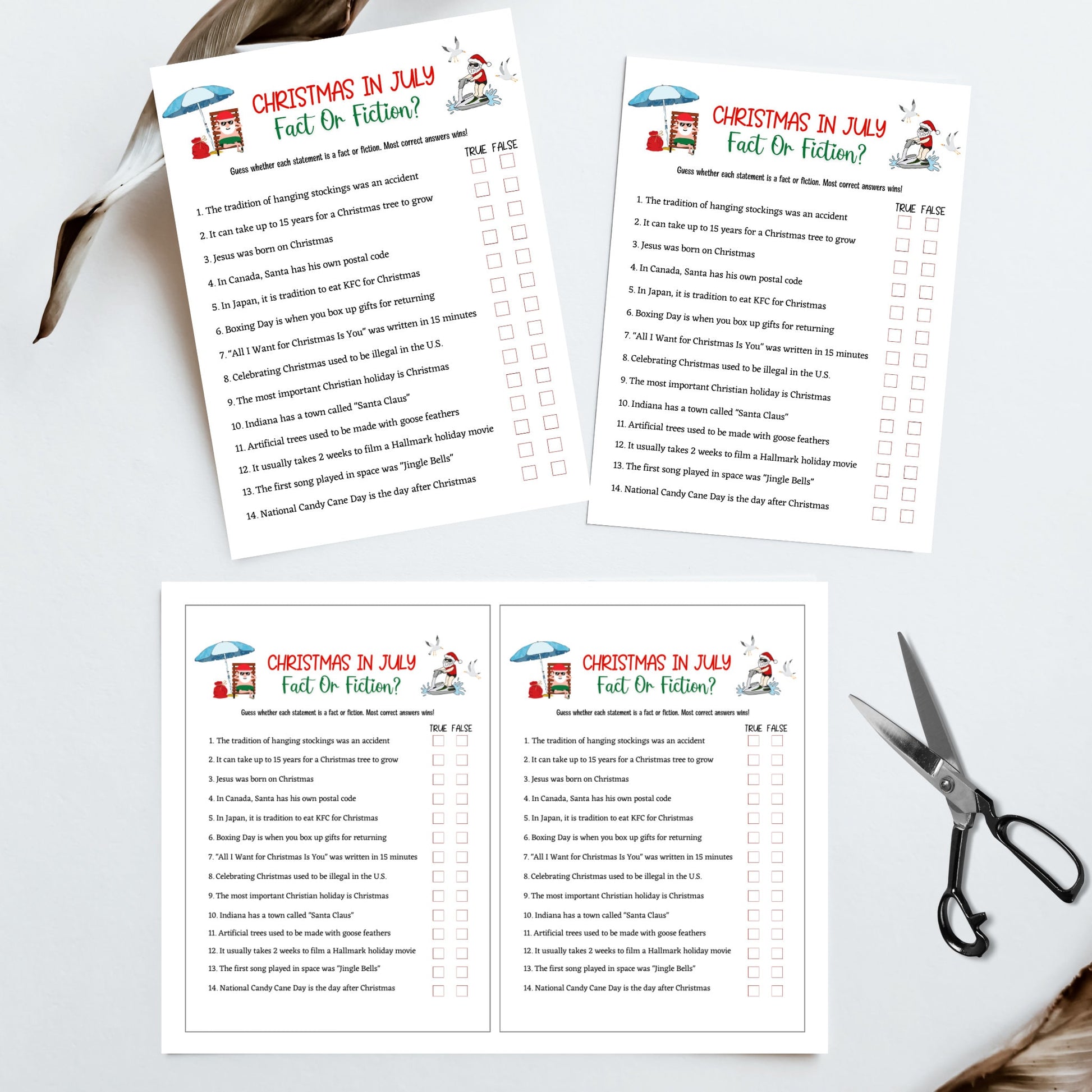 Christmas in July Games Printable, Summer Christmas Party, Fun Family Activity Ideas for Kids and Adults, Tropical Office Party, Xmas Trivia