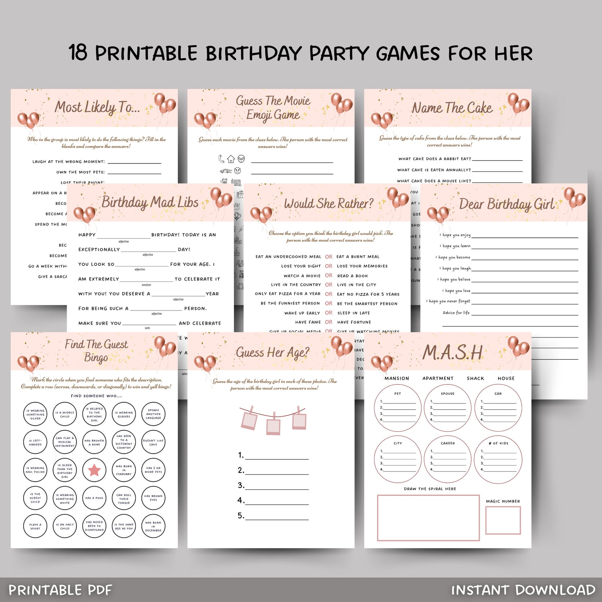 Teen Birthday Party Games Bundle, Birthday Games for Her Printable, Slumber Party Games, Sleepover Pajama Party Activities, 18 Trivia Games