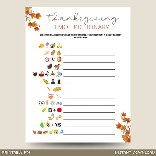 Thanksgiving Emoji Pictionary Game Printable, Fun Thanksgiving Trivia Game | Friendsgiving Party Games, Dinner Games, Family Holiday Games