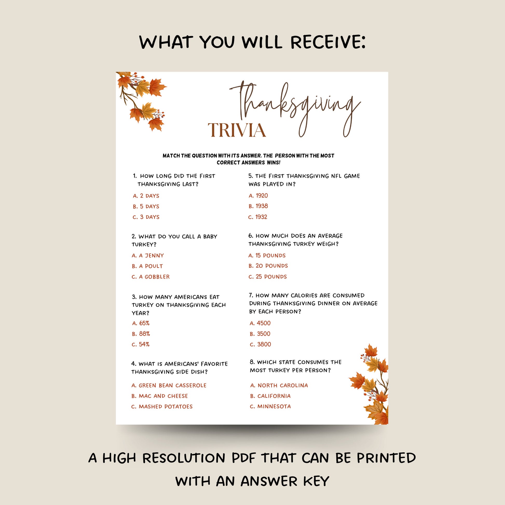 Thanksgiving Trivia Game Printable, Fun Friendsgiving Game, Turkey Day, Fall Holiday Family Activity, Office Work Party Game, Classroom Game