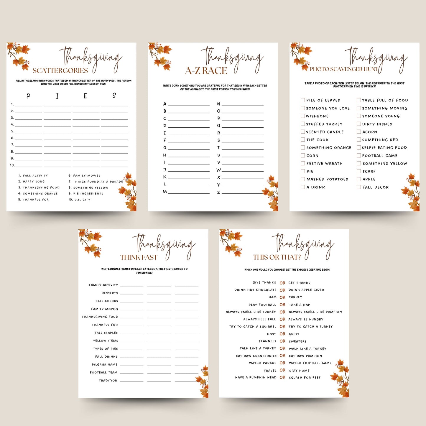 Thanksgiving Games Bundle Printable, Fall Holiday Games Bundle, Fun Friendsgiving Games, Turkey Day Games Kids & Adults, Family Activities