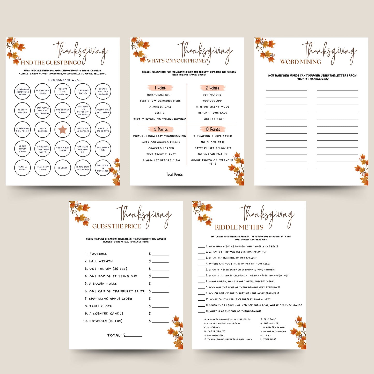 Thanksgiving Games Bundle Printable, Fall Holiday Games Bundle, Fun Friendsgiving Games, Turkey Day Games Kids & Adults, Family Activities