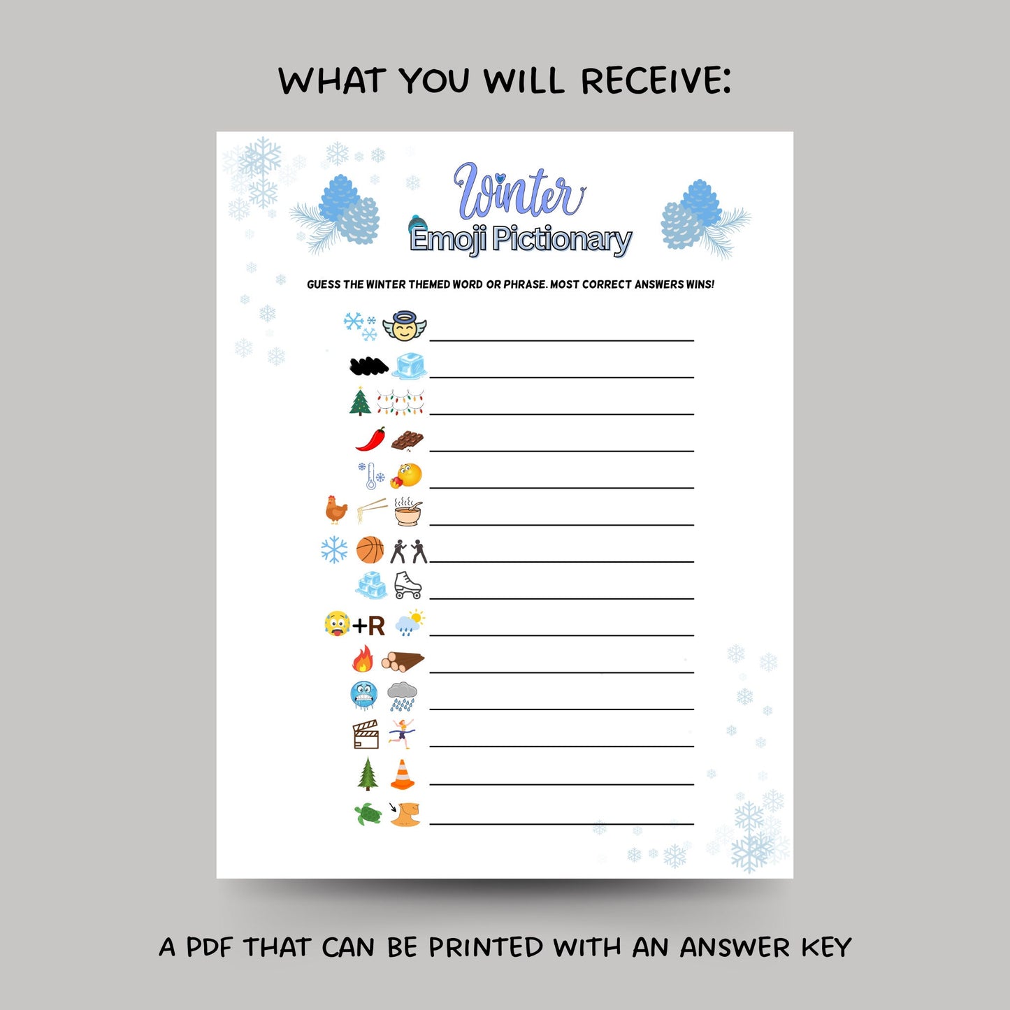 Winter Emoji Pictionary Game Printable, Family Holiday Activity