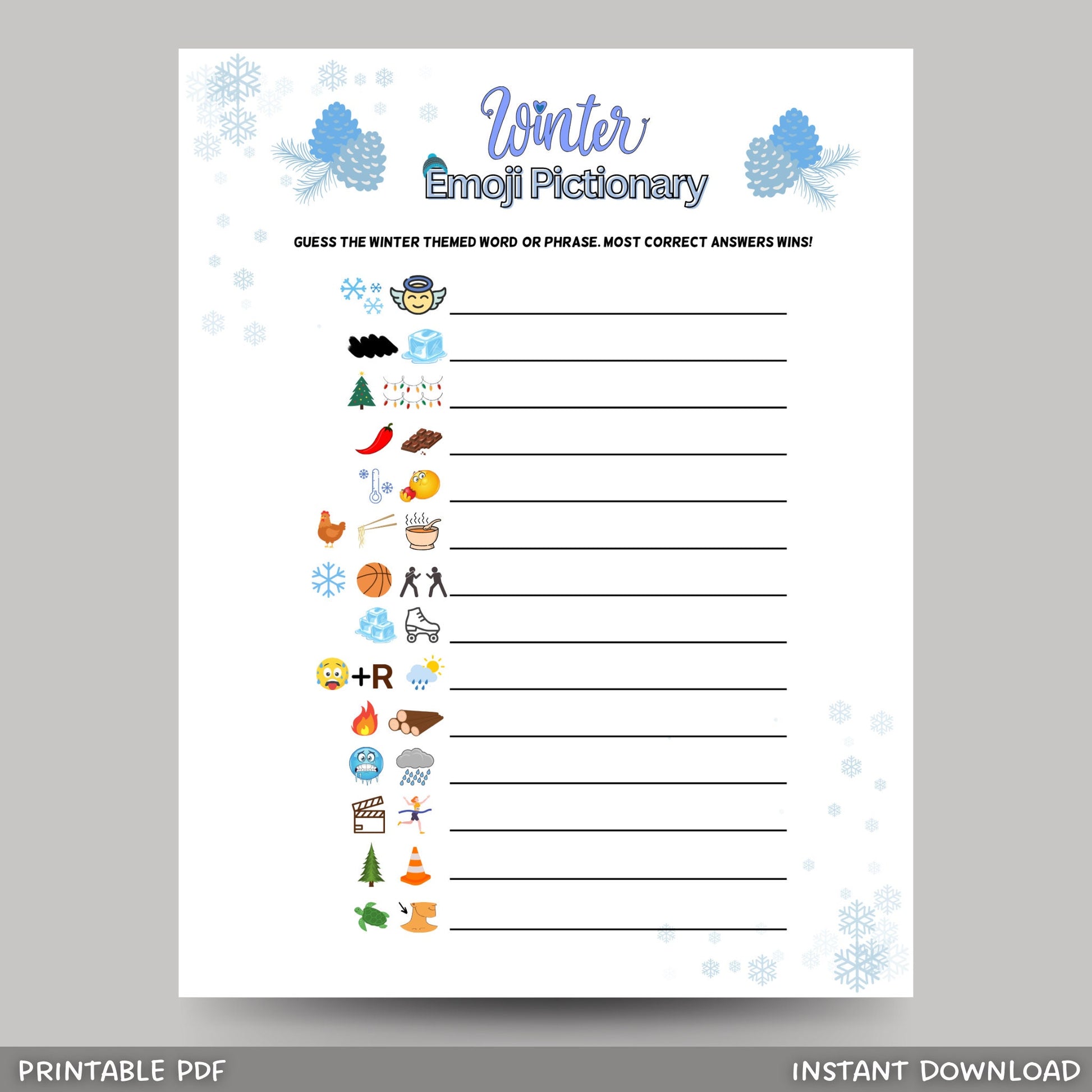 Winter Emoji Pictionary Game Printable, Holiday Party Games, Fun Winter Game, Winter Family Activity, For Kids & Adults, Christmas New Years