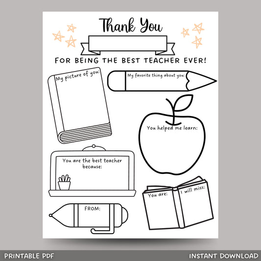 Teacher Appreciation Week Printable, Thank You Teacher Gift, All About My Teacher Survey, Teacher Coloring Page, End of School Year Gift PDF