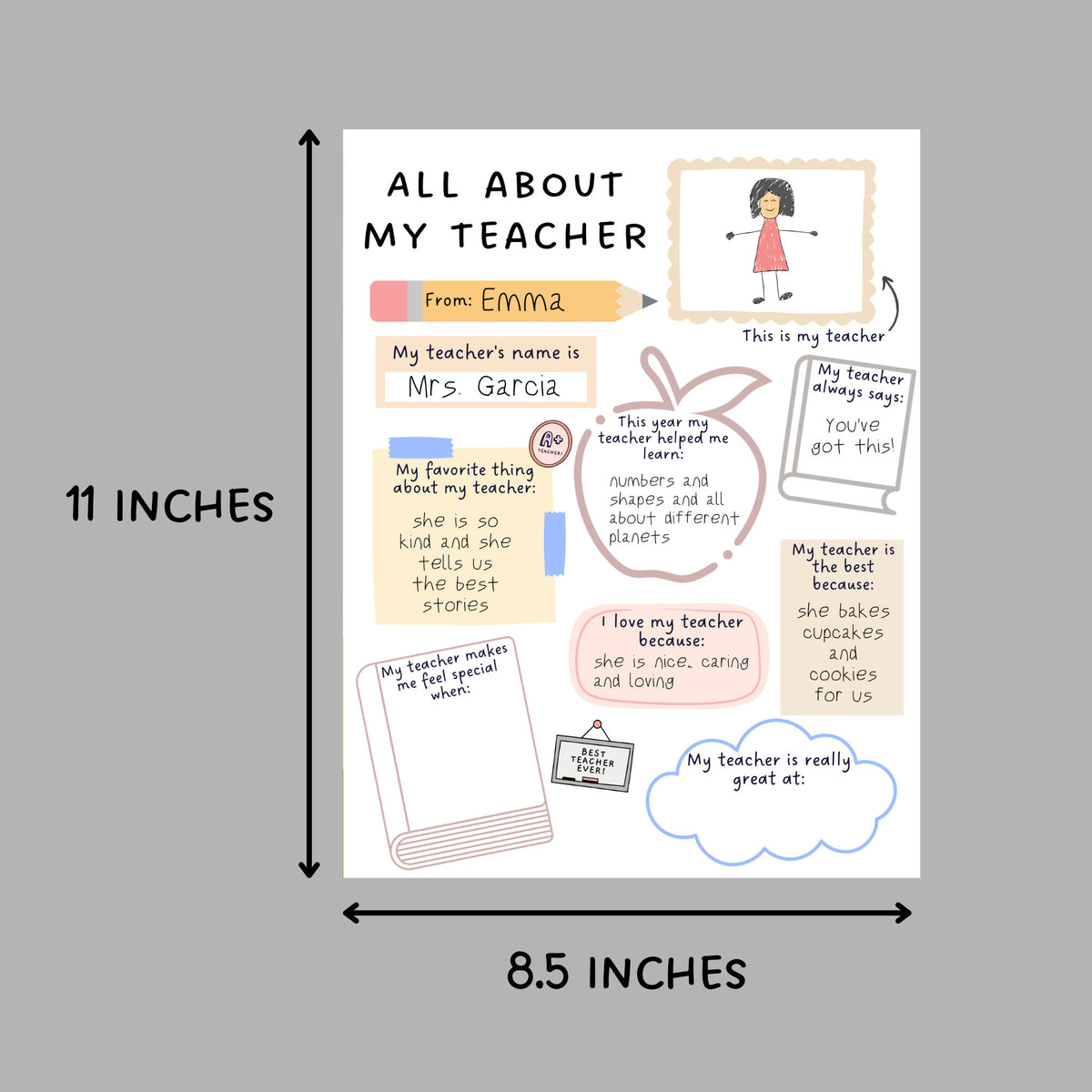 All About My Teacher Printable, Teacher Appreciation Week Gift ...