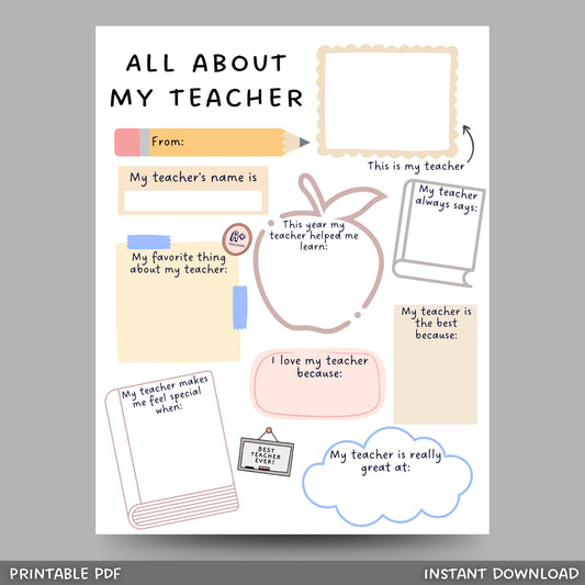 All About My Teacher Printable, Teacher Appreciation Week, Thank You Teacher Gift, End of School Teacher Gift, Teacher Questionnaire Survey