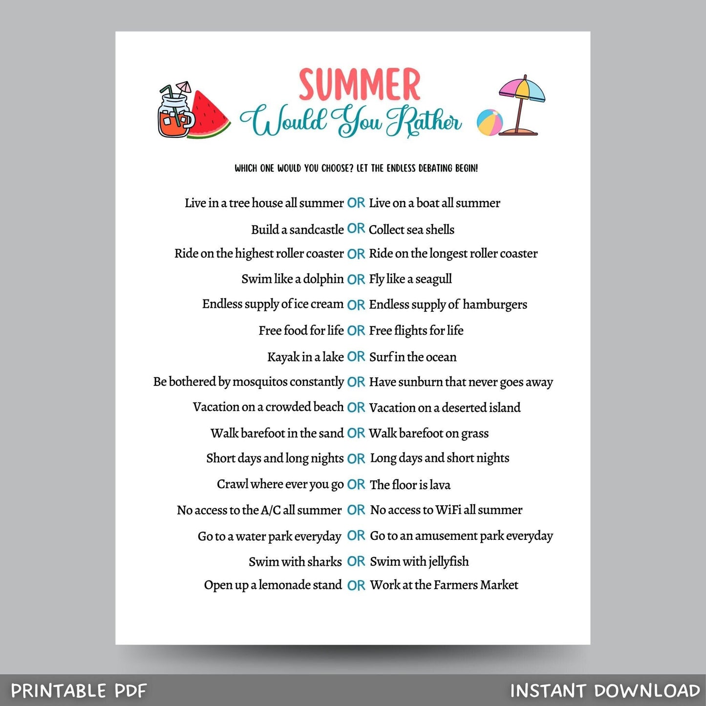 Summer Would You Rather Game Printable, Summer Camp Activity, Beach Pool Party This Or That Game, Icebreaker for Kids, Fun Vacation Ideas