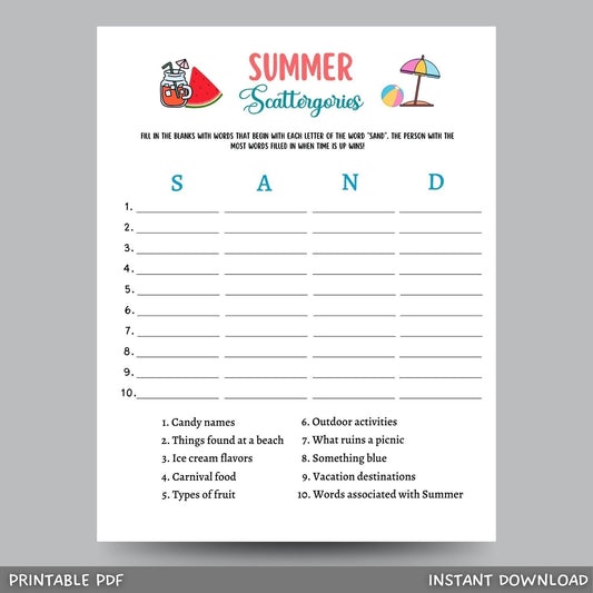 Summer Scattergories Game Printable, Pool Party Game, Summer Camp Activity, Fun Beach Game for Kids, Summer Break Vacation Idea, Icebreakers