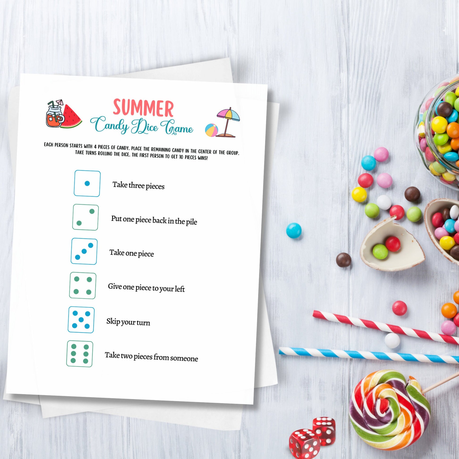 Summer Candy Dice Game Printable, Pool Party Games, Summer Camp Activity, Fun Beach Games Kids, Summer Break Vacation Idea, Road Trip Game