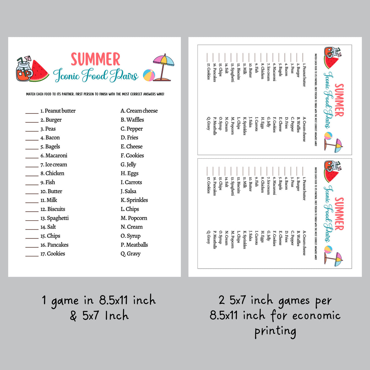Summer Riddles Game Printable, Iconic Food Pairs Match Activity ...