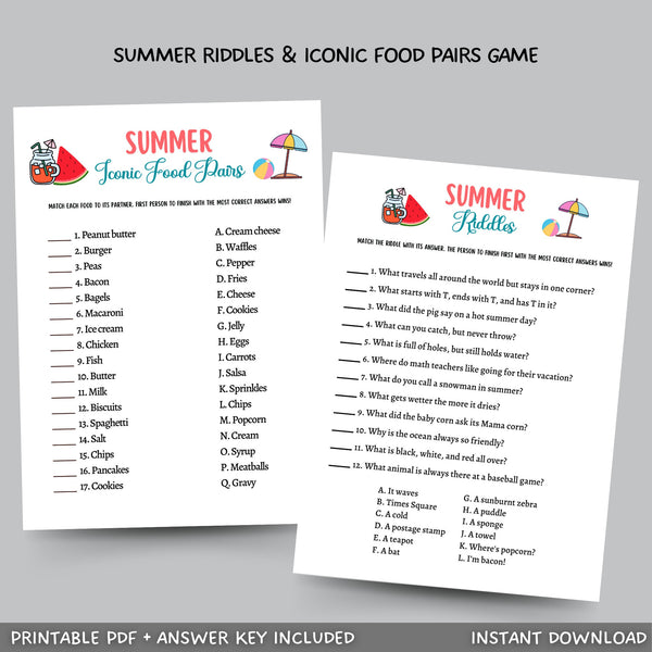 Summer Riddles Game Printable, Iconic Food Pairs Match Activity ...