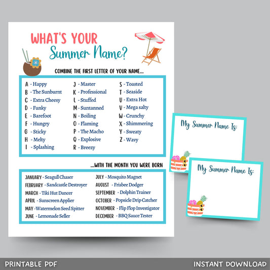 What’s Your Summer Name Game Printable, Pool Party Games, Summer Camp Activity, Fun Beach Games, Icebreaker for Kids, Summer Vacation Ideas