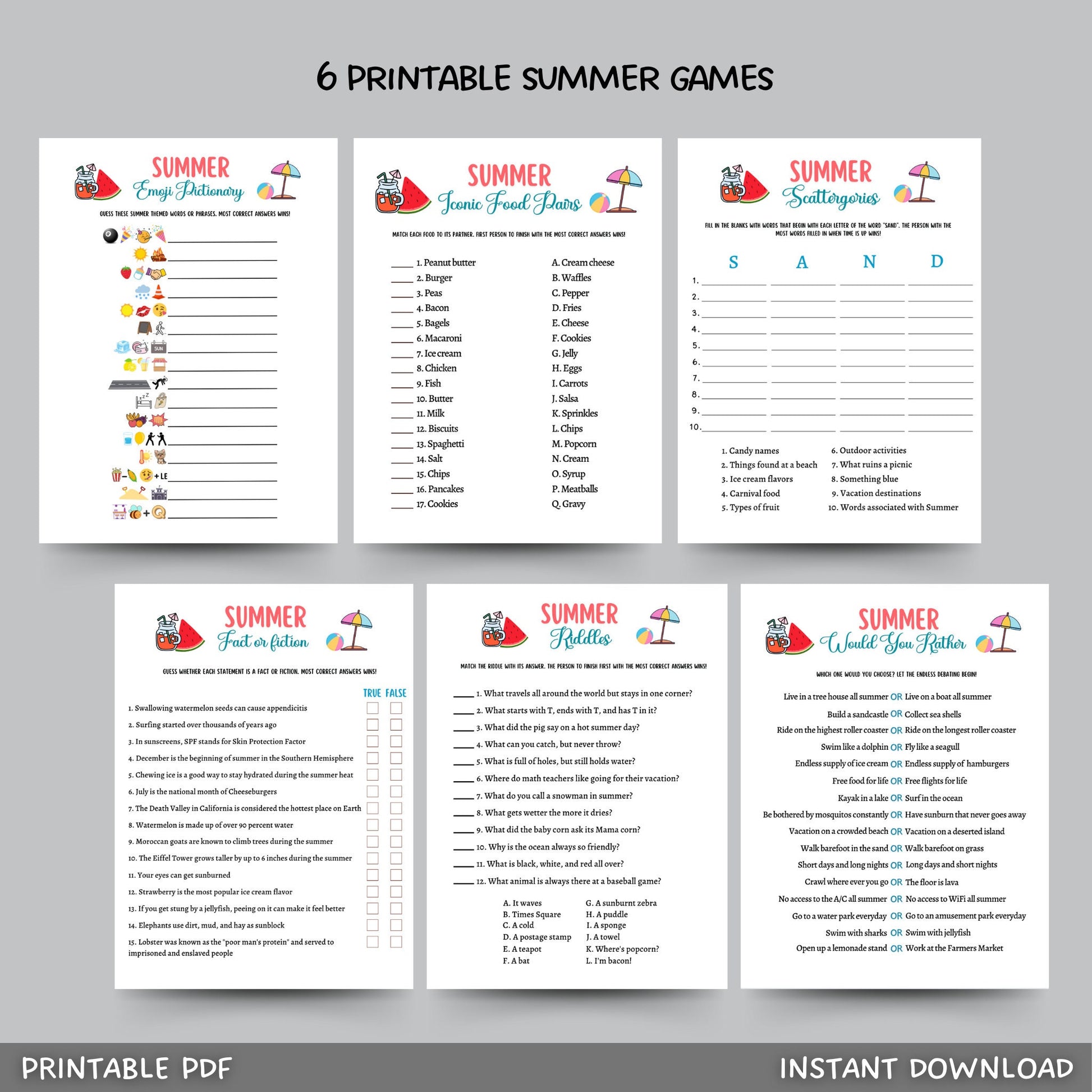 Summer Camp Games Bundle Printable, Summertime Beach Party Games Adult and Kids, Fun Family Activity, Road Trip Game, Vacation Travel Trivia