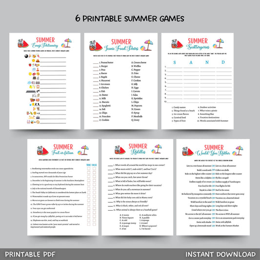Summer Camp Games Bundle Printable, Summertime Beach Party Games Adult and Kids, Fun Family Activity, Road Trip Game, Vacation Travel Trivia