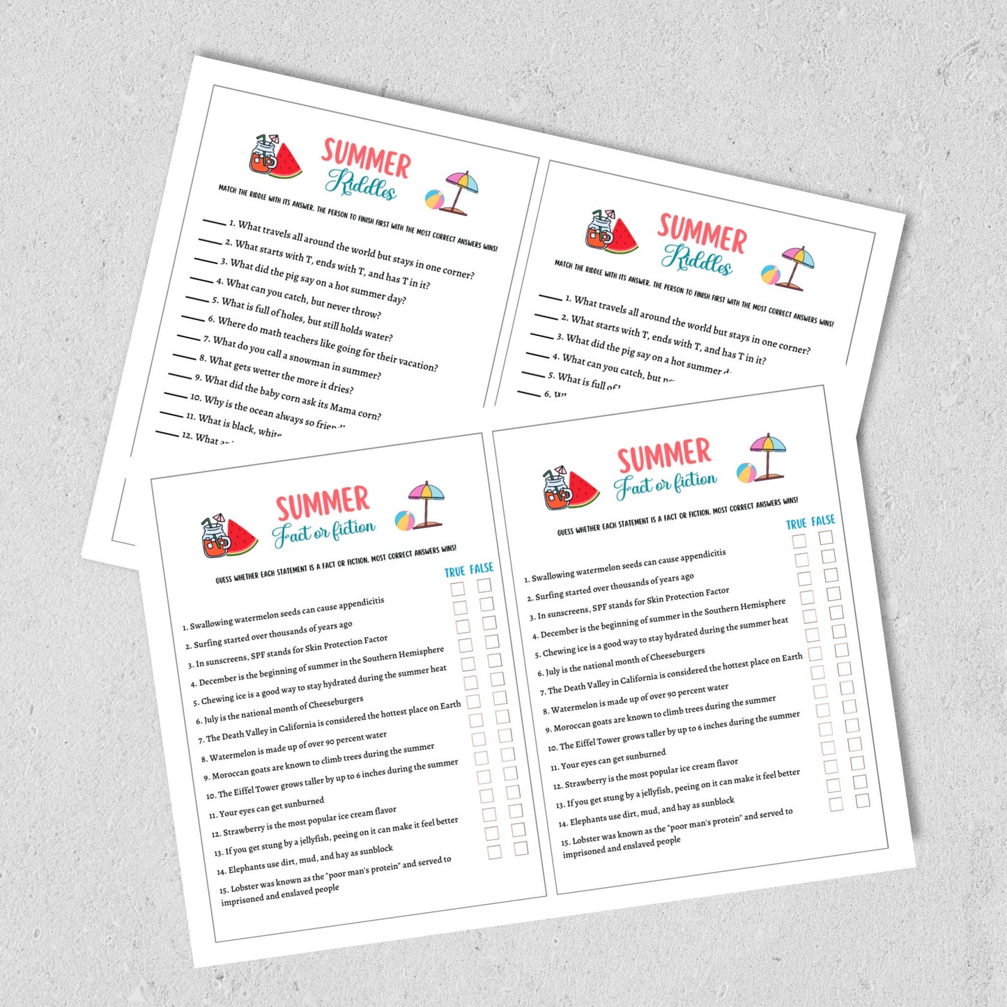 Summer Camp Games Bundle Printable, Summertime Beach Party Games Adult and Kids, Fun Family Activity, Road Trip Game, Vacation Travel Trivia