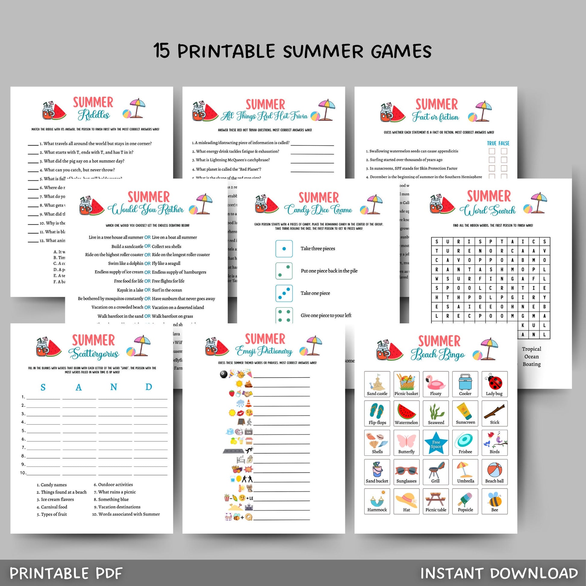 15 printable summer time games, perfect for any get together, party or event, and can be played by adults and kids!