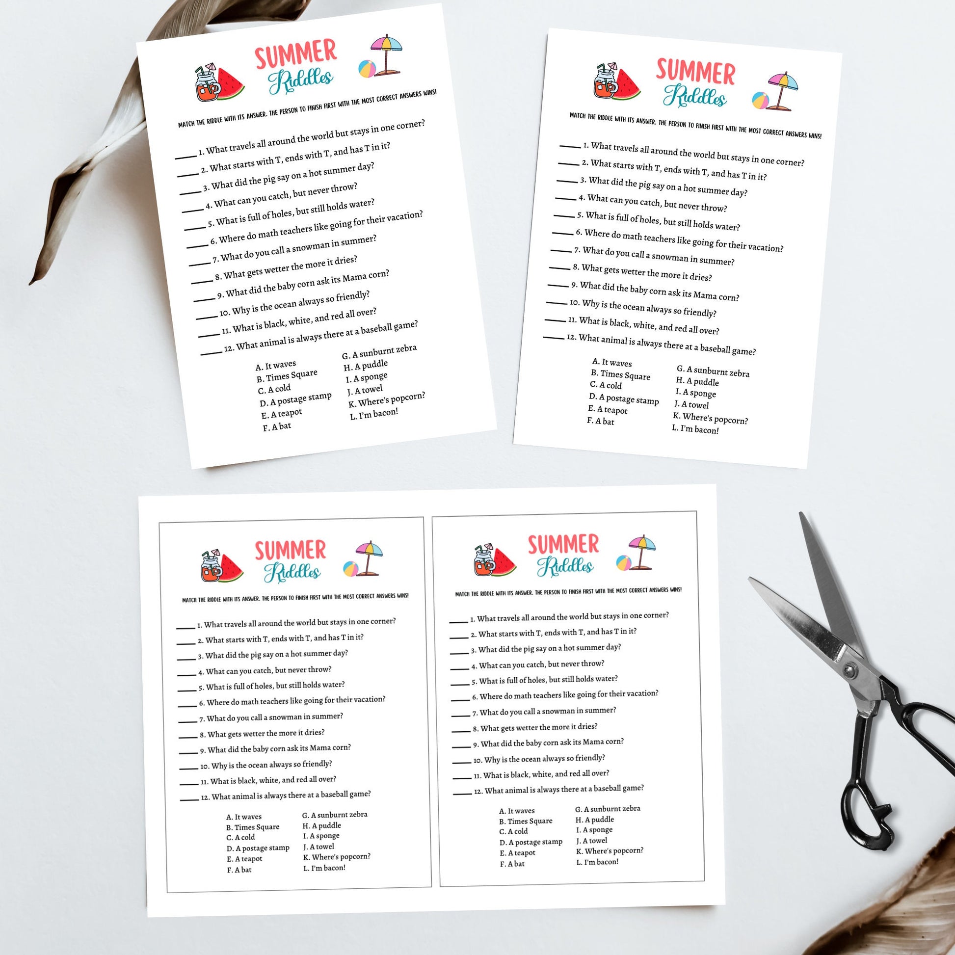 Summer Games Bundle Printable, Summer Camp Activity, Summertime Beach Party Games Adult and Kids, Fun Family Activity, Vacation Travel Games