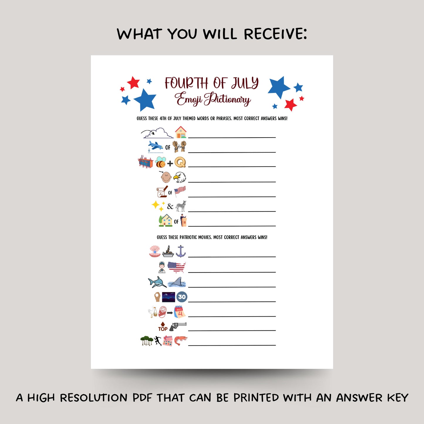 July 4th Emoji Pictionary Game Printable, Independence Day Party, Family Activity Adults & Kids, Fourth of July Patriotic Movie Trivia Quiz