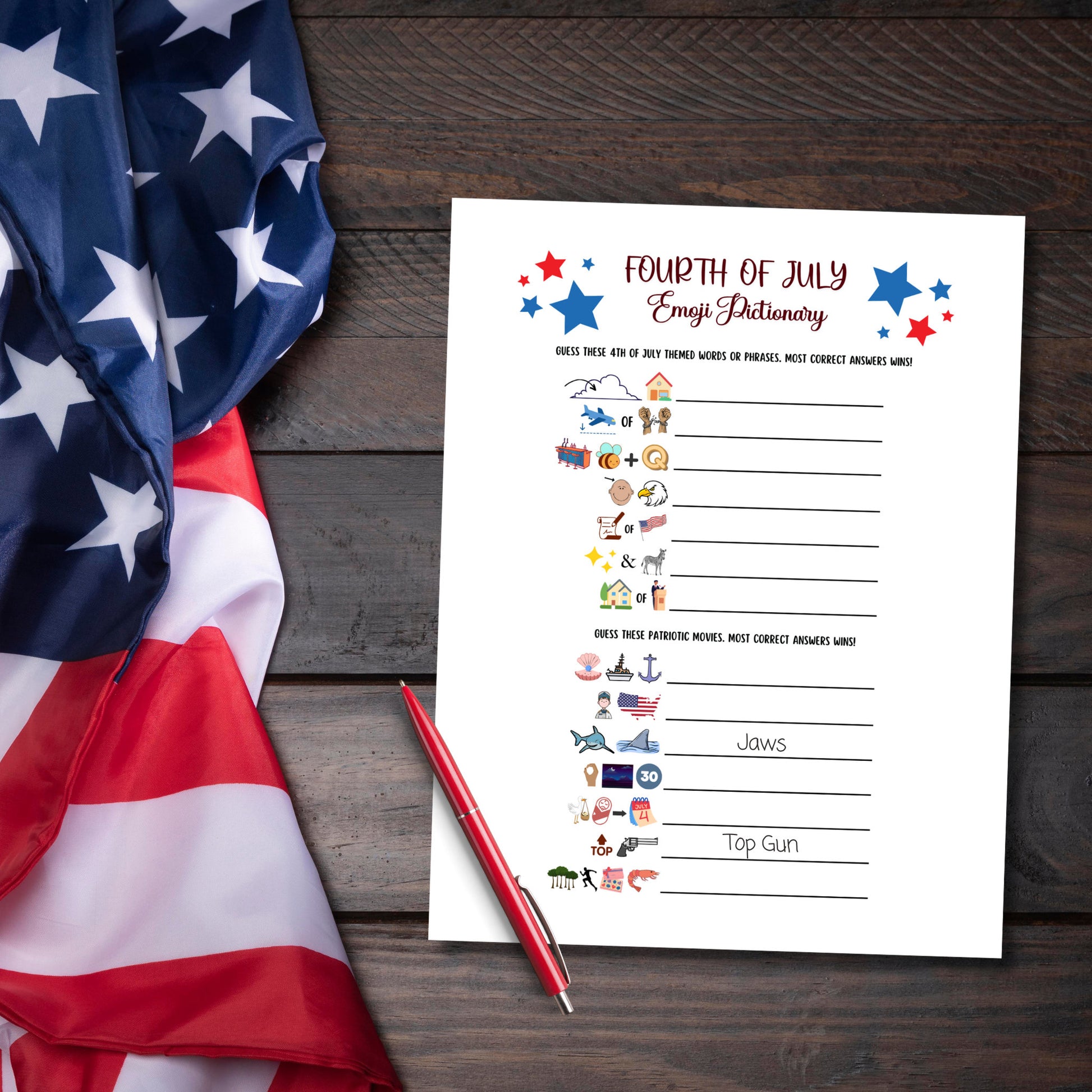 July 4th Emoji Pictionary Game Printable, Independence Day Party, Family Activity Adults & Kids, Fourth of July Patriotic Movie Trivia Quiz