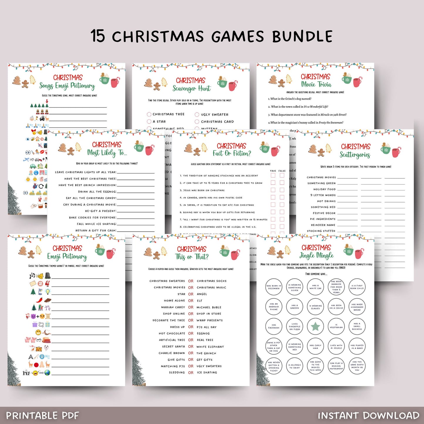 This Christmas games 15 pack bundle is a printable PDF and an instant digital download! It is perfect for any party, event or get together and works great for adults and kids! Just download, print, and play!