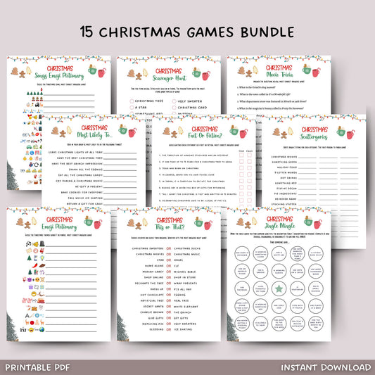 This Christmas games 15 pack bundle is a printable PDF and an instant digital download! It is perfect for any party, event or get together and works great for adults and kids! Just download, print, and play!