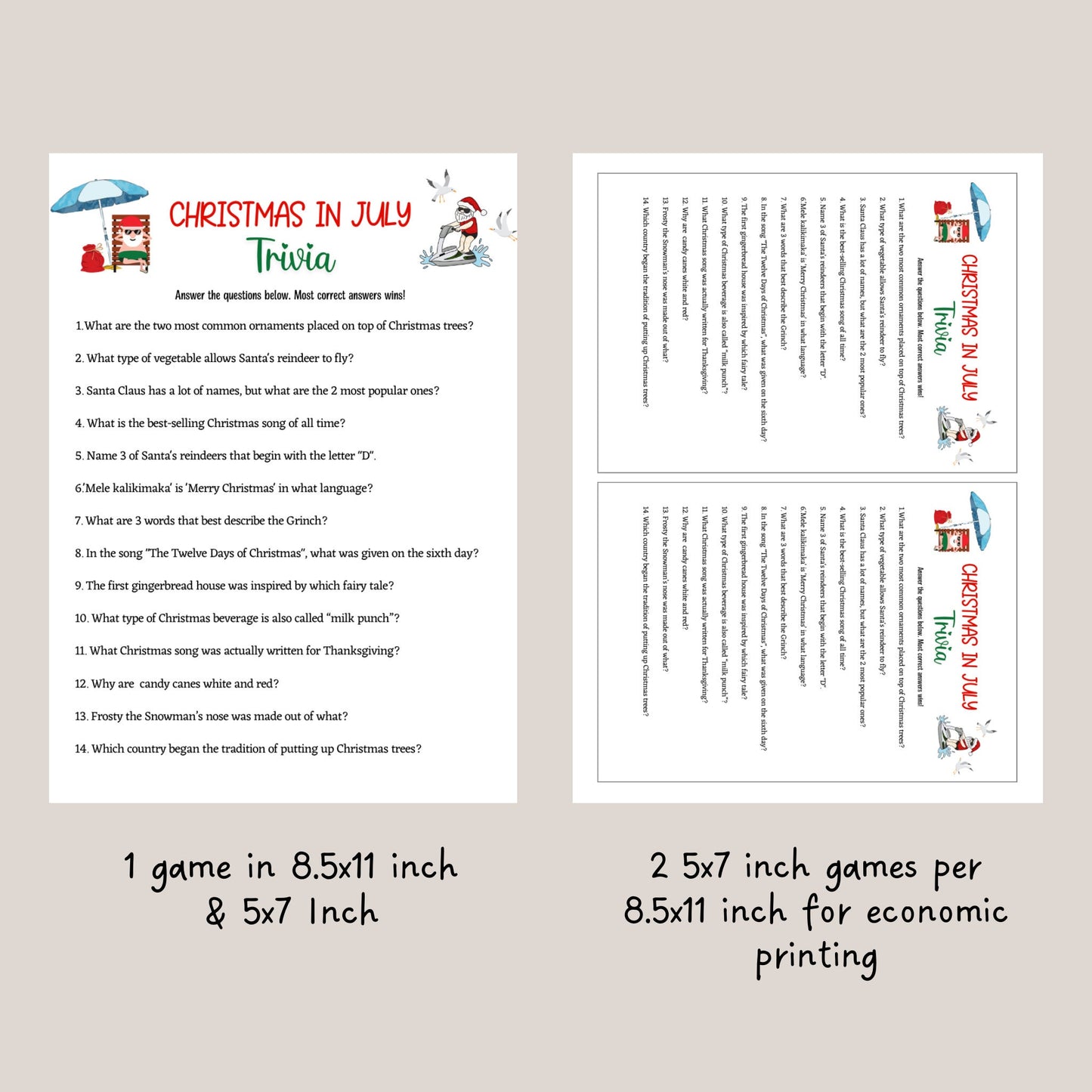 Christmas in July Trivia Game Printable, Summer Christmas Party, Tropical Party Game Kids & Adults, Fun Family Activity, Office Party Ideas