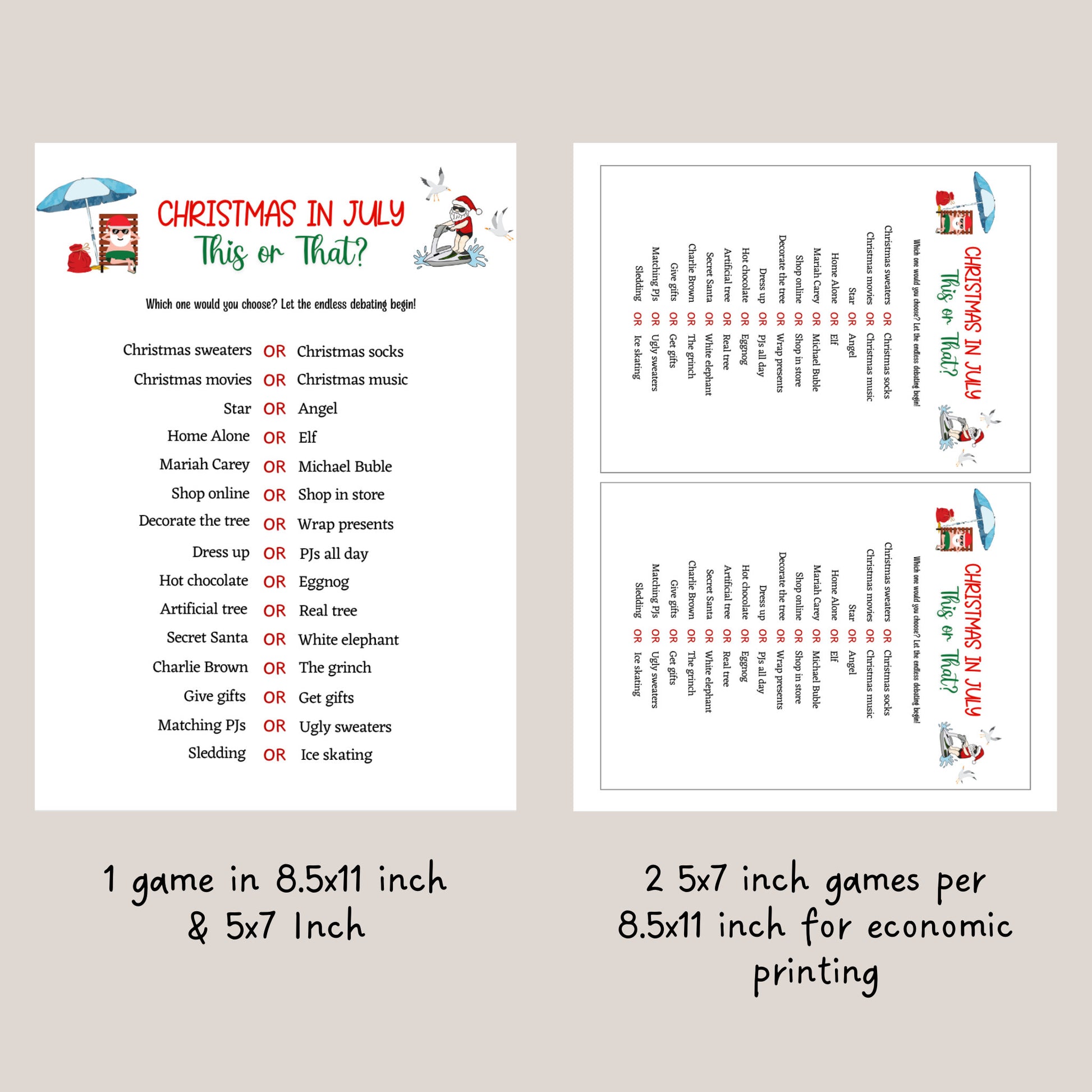 Christmas in July Games Printable, Summer Christmas Party, Fun Family Activity Ideas for Kids and Adults, Tropical Office Party, Xmas Trivia