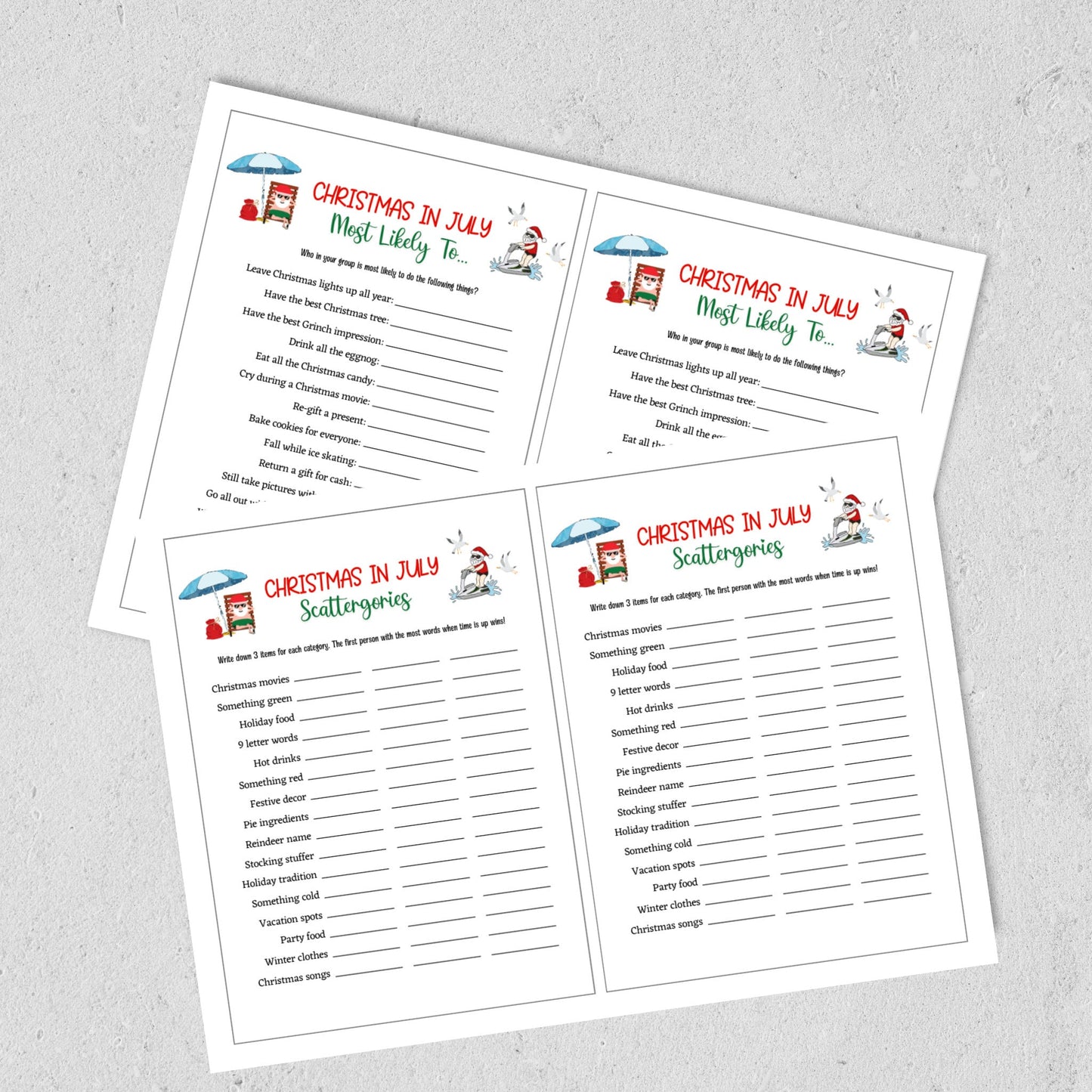 Christmas in July Games Printable, Summer Christmas Party, Fun Family Activity Ideas for Kids and Adults, Tropical Office Party, Xmas Trivia