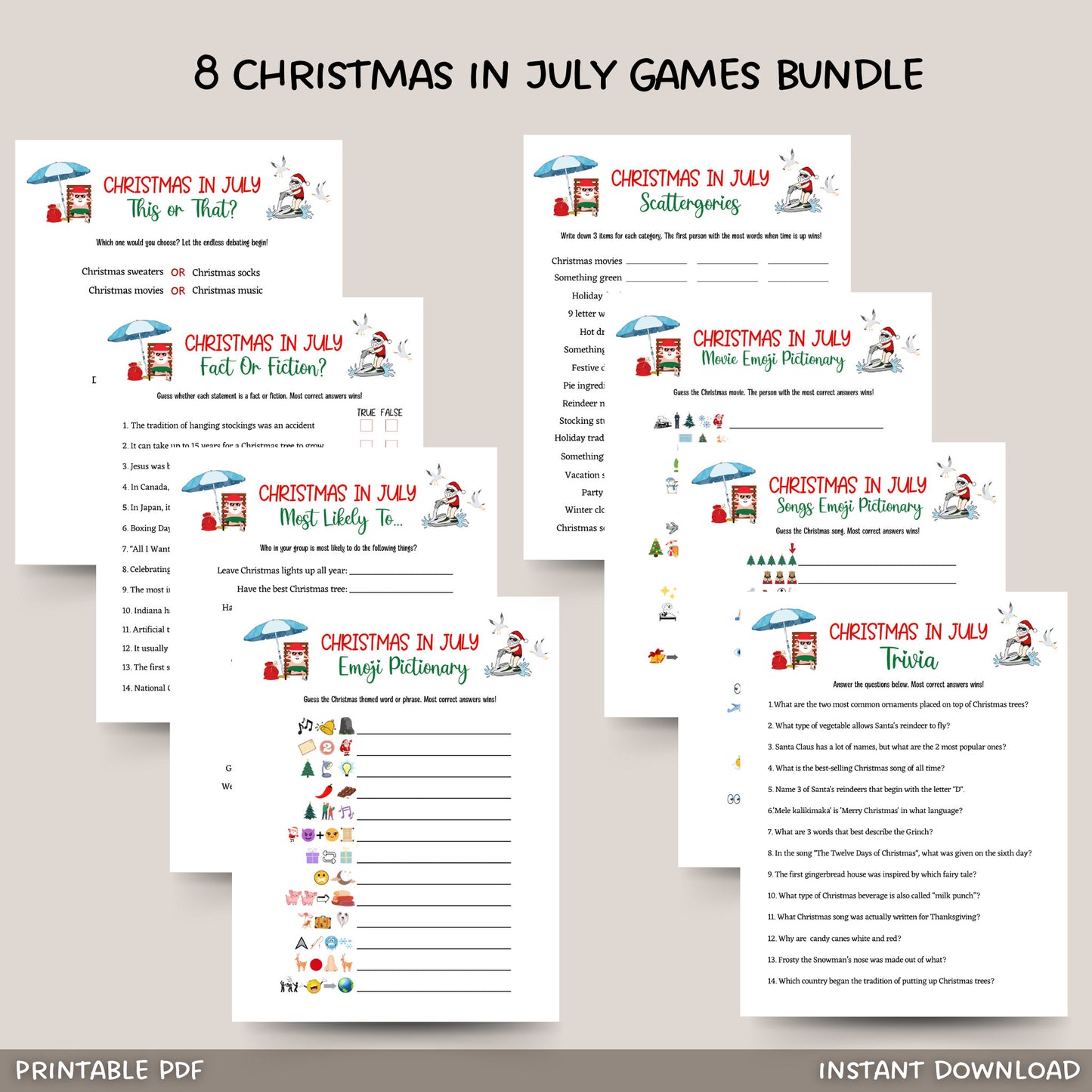 Christmas in July Games Printable, Summer Christmas Party, Fun Family Activity Ideas for Kids and Adults, Tropical Office Party, Xmas Trivia