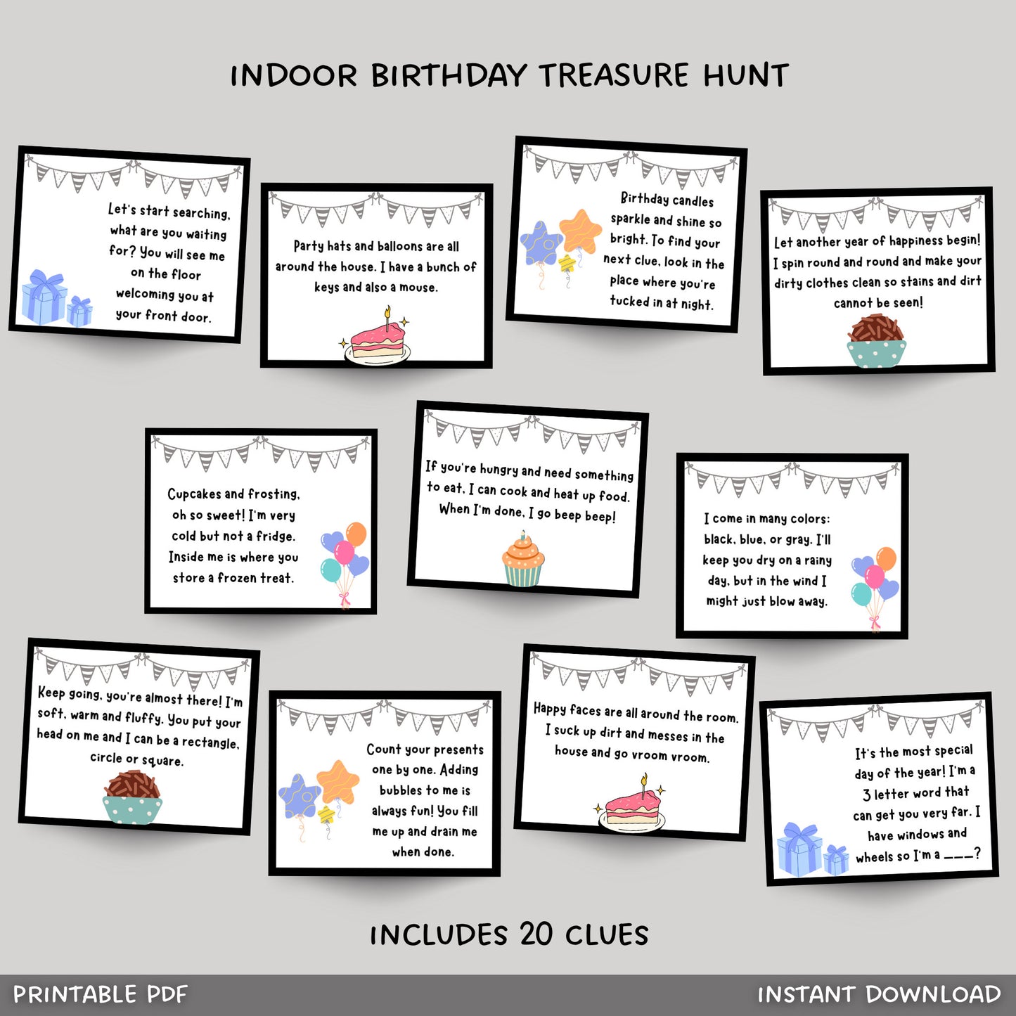 Indoor Birthday Treasure Hunt For Kids, Birthday Scavenger Hunt Clues, Birthday Printable Games, Indoor Birthday Games, Instant Download PDF