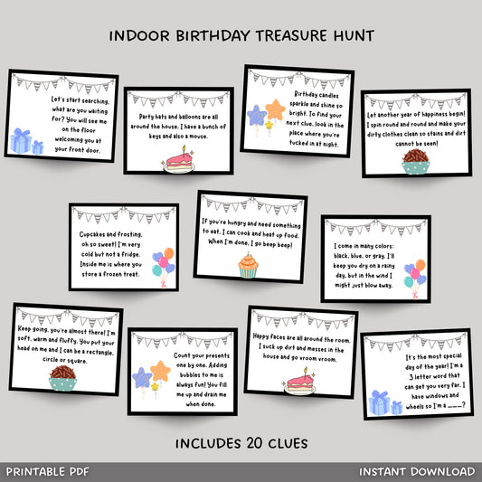 Indoor Birthday Treasure Hunt For Kids, Birthday Scavenger Hunt Clues, Birthday Printable Games, Indoor Birthday Games, Instant Download PDF