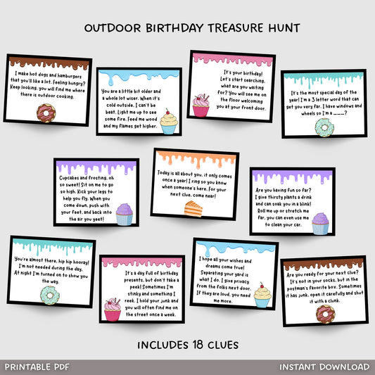 Outdoor Birthday Treasure Hunt For Kids, Birthday Scavenger Hunt Clues, Birthday Printable Games, Outdoor Birthday Games, Instant Download