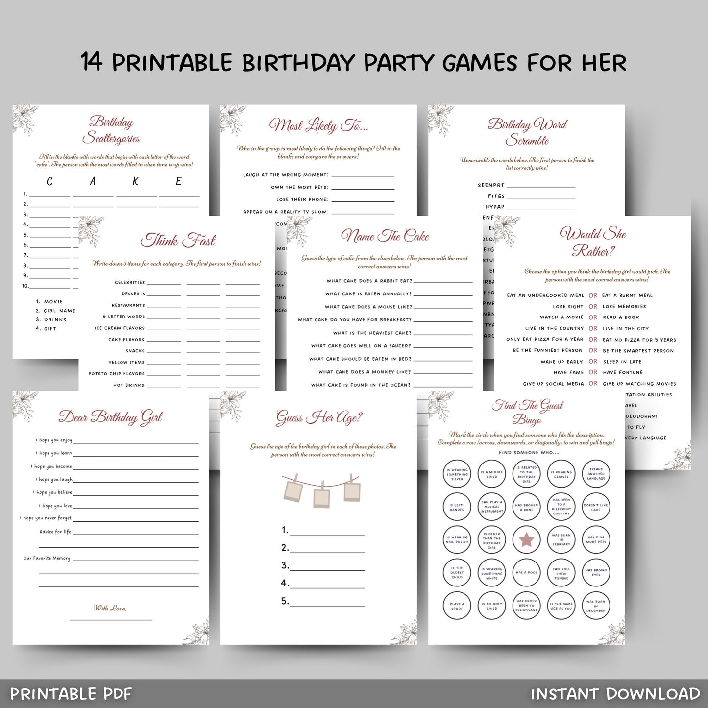 Birthday Games for Her Printable, Womens Birthday Party Games, Fun Birthday Games Bundle, Adult Girl Birthday Games Minimalistic and Modern