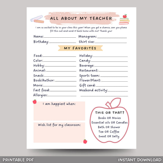 All About My Teacher Survey, Back to School Teacher Questionnaire Printable, Teacher Favorites, Teacher Appreciation, Get to Know Teacher