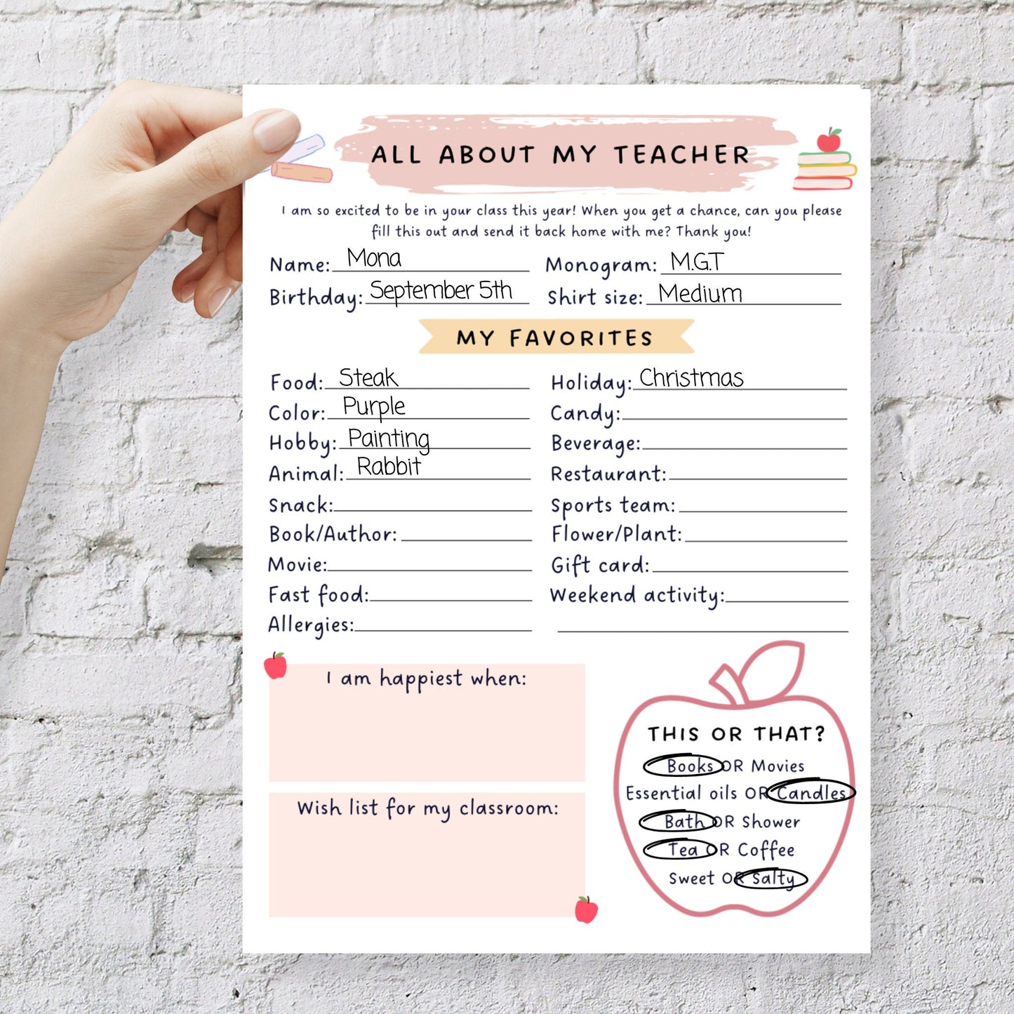All About My Teacher Survey, Back to School Teacher Questionnaire Printable, Teacher Favorites, Teacher Appreciation, Get to Know Teacher