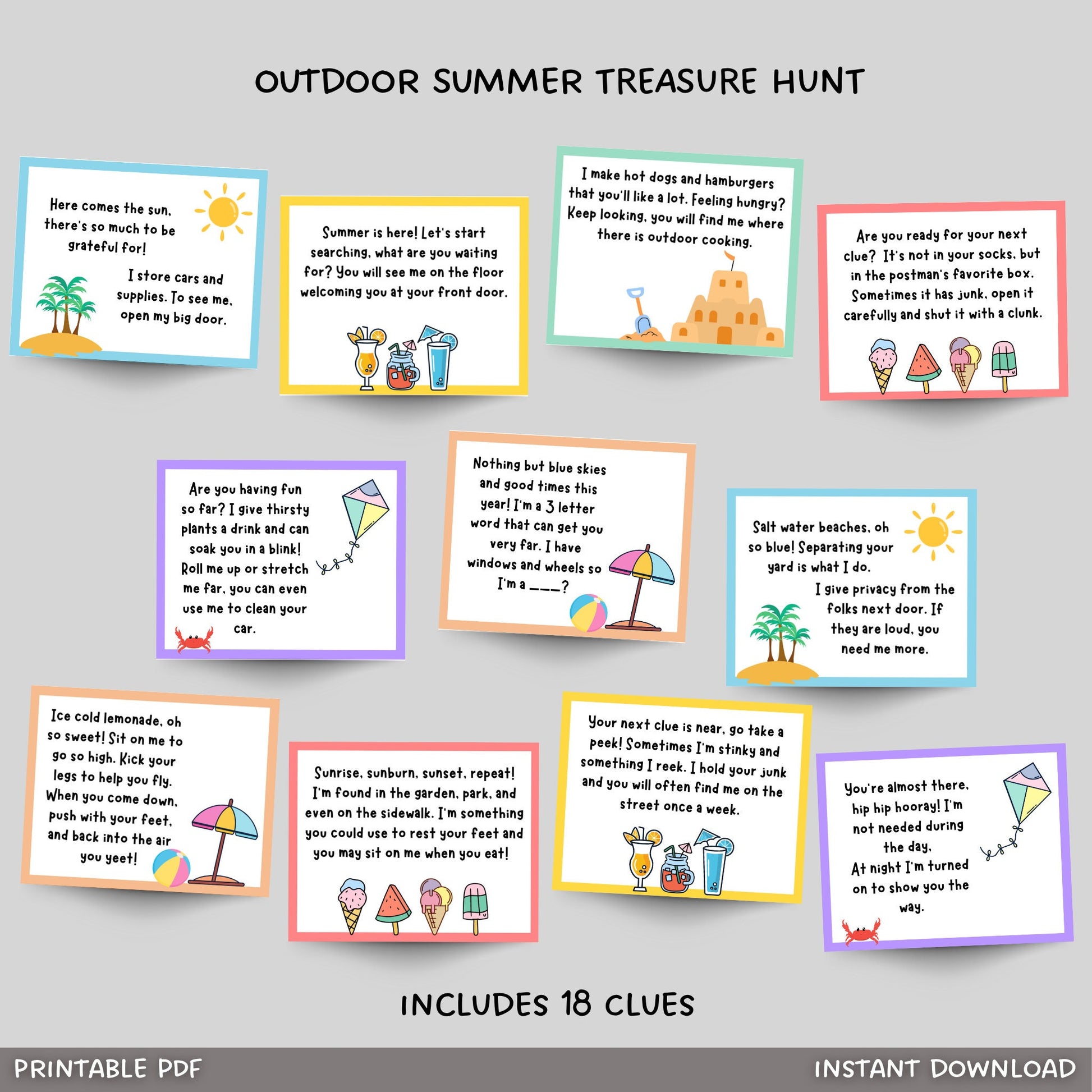 Summer Scavenger Hunt for Kids, Printable Outdoor Treasure Hunt Clues, Summer Party Games, Fun Outdoor Tween Teen Activity, Instant Download