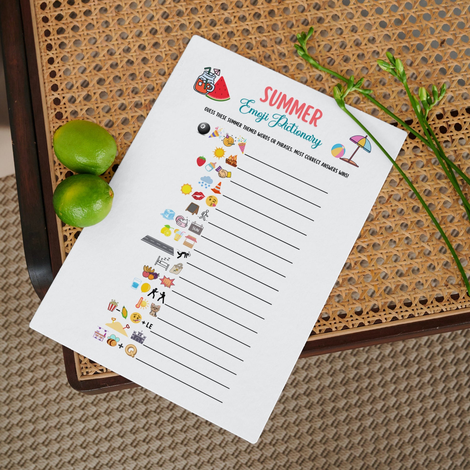 Summer Emoji Pictionary Game Printable, Summertime Activities for Adults & Kids, Fun Pool Party Games, Family Trivia Game, Emoji Quiz Game